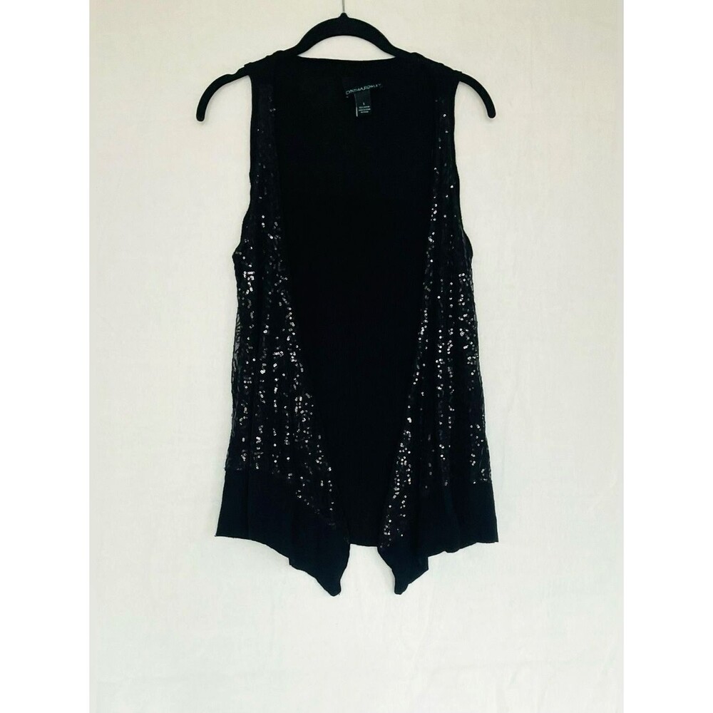 Cynthia Rowley Sequin Draped Open Vest S 100% Rayon Black Holiday Party Sparkle